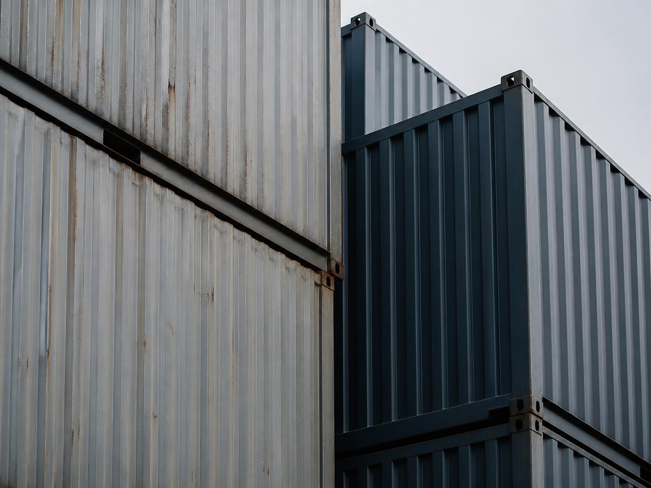 Detalhe de containers empilhados em perspectiva
