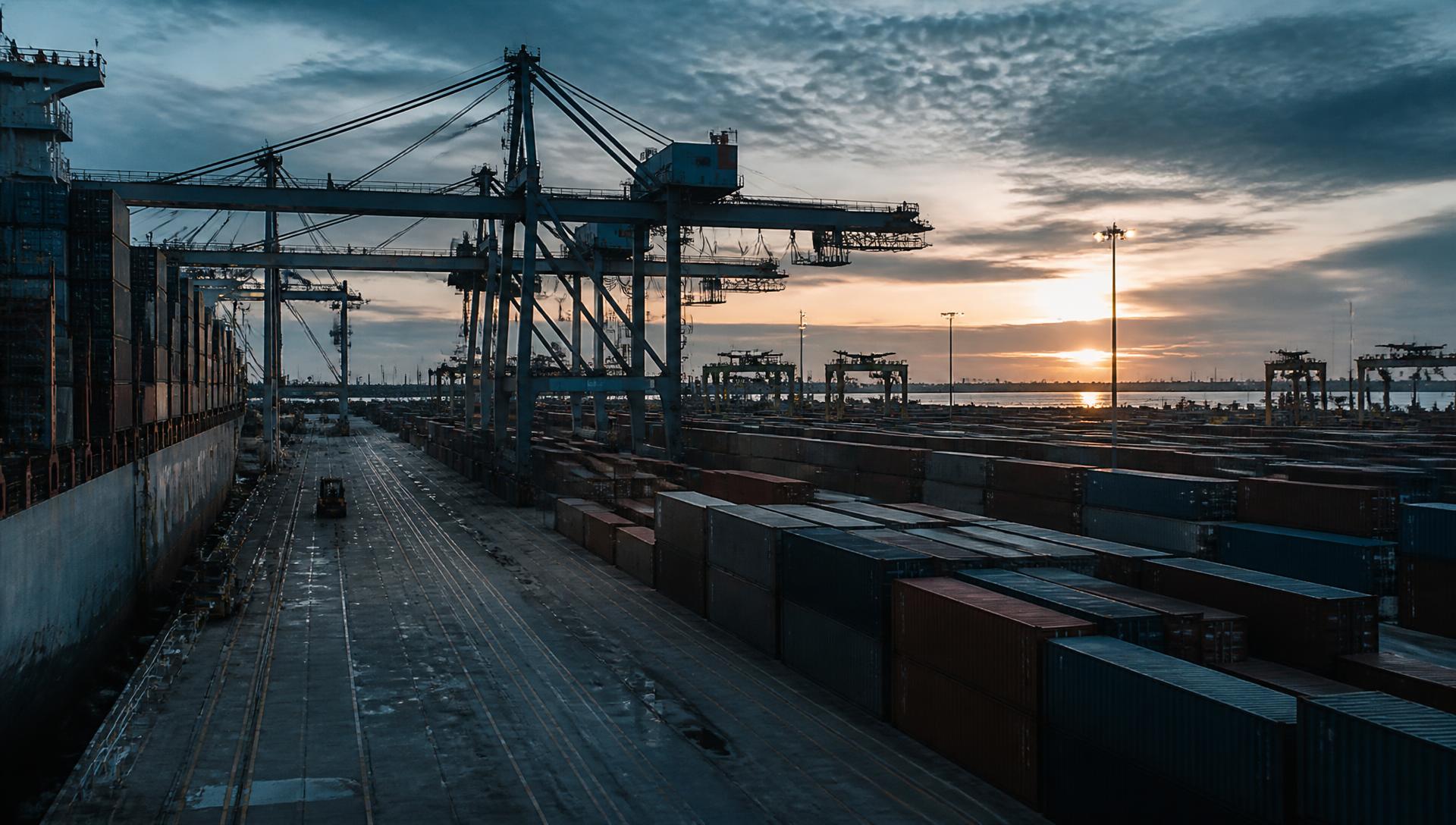 Terminal portuário com containers e portêineres ao amanhecer